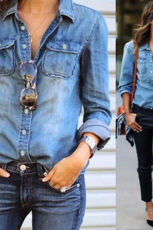 Women Fashion Blue Denim Shirts Women Girls Autumn Casual Long Sleeve Solid Blue Two Pockets Cotton Blend Tops 2025 New