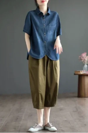 Cotton Denim Blue ort Sve irt Women Summer Thin Loose Casual Slimming Color Top Korean Sle Commute Wind
