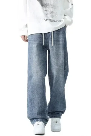Men's Loose Retro Jeans Washed With Spring And Autumn Fashion High Street Wide Leg Straight Leg Casual Trend Blue Pants