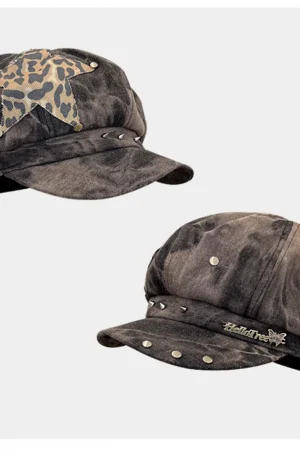 Y2K Personalized Star Sticker Rivet Design Berets Caps for Women Spring and Autumn Fashion Versatile Retro Tie-dye Newsboy Hats
