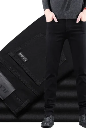 Spring Autumn New Men's Pure Black Slim Jeans Elastic Straight Pants Business Fashion Leisure Korean Vintage Denim Pants Male