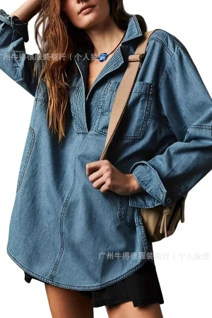 Womens Long-sleeved Shirt Clothing 2025 Fashion Basic Jean Tops Dark Blue Blouse Womens Casual Loose Demin Shirts