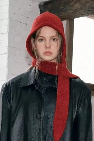 1pc Women Drawstring Faux Collar Balaclava Hat,Outdoor Ski Warm Knitted Face Neck Protective Hooded Cape,Suitable for Dailywear