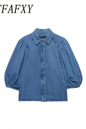 TFAFXY 2025 Spring Summer Casual Women's Denim Blouse Collar Single Breasted Loose Blouse New Fashion Shirts