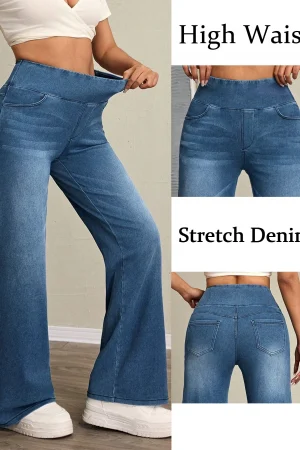 Women's high-rise wide-leg jeans with tummy tuck, slim fit, made from stretch denim fabric, are stylish for casual everyday wear