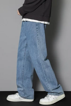 2025 New Korean Men's Casual Long Jeans Classic Man Straight Denim Wide-leg Pants Solid Color Light Blue Grey Black