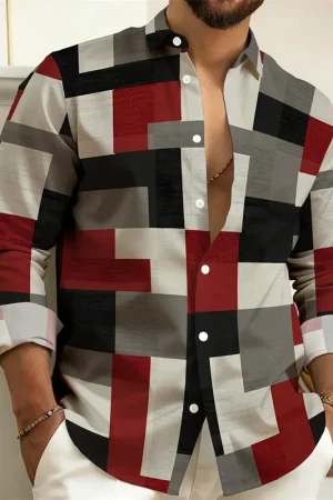 Men's Stylish Casual Slim-Fit Shirt Geometric 3D Printed Color-Blocked Long-Sleeved Shirt Stylish Men's Top