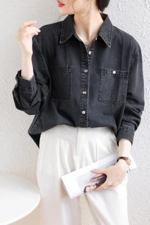 Black Thin Vintage Denim Shirts For Women 2024 Spring Streetwear Retro Long Sleeve Loose Jeans Tops Lady