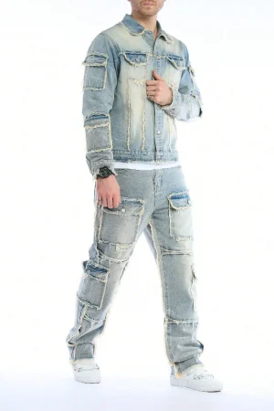 High-Quality Men's Washed Denim Two-Piece Set (Jeans + Denim Jacket) - Autumn & Winter Style