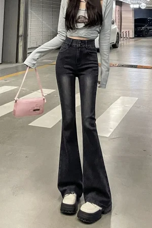 Fce Lined Thi High Waist Slim Fit Bootcut Jeans Women's American Sle Bla ey Denim Pants Autumn Winter Faion