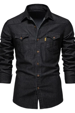 Elastic Cotton Denim Shirt High Quality Men Long Sleeve Solid Color Pocket Shirts for Men Casual Slim Fit Mens Designer Clothing