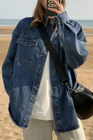 Vintage Washed Jean Shirt Tops Woman Spring Autumn Single-Breasted Long Sleeve Denim Coat Women Korean Simple Loose Outerwear