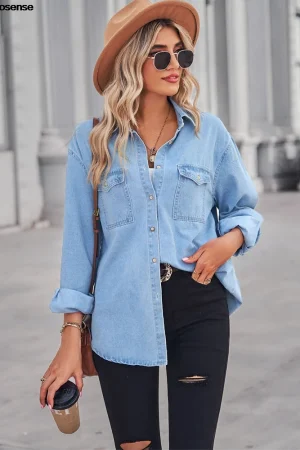 Women Button Down Denim Shirt Casual Long Sleeve V Neck Chambray Blouse Top Boyfriend Style Loose Fit Daily Wear Jean Shirts